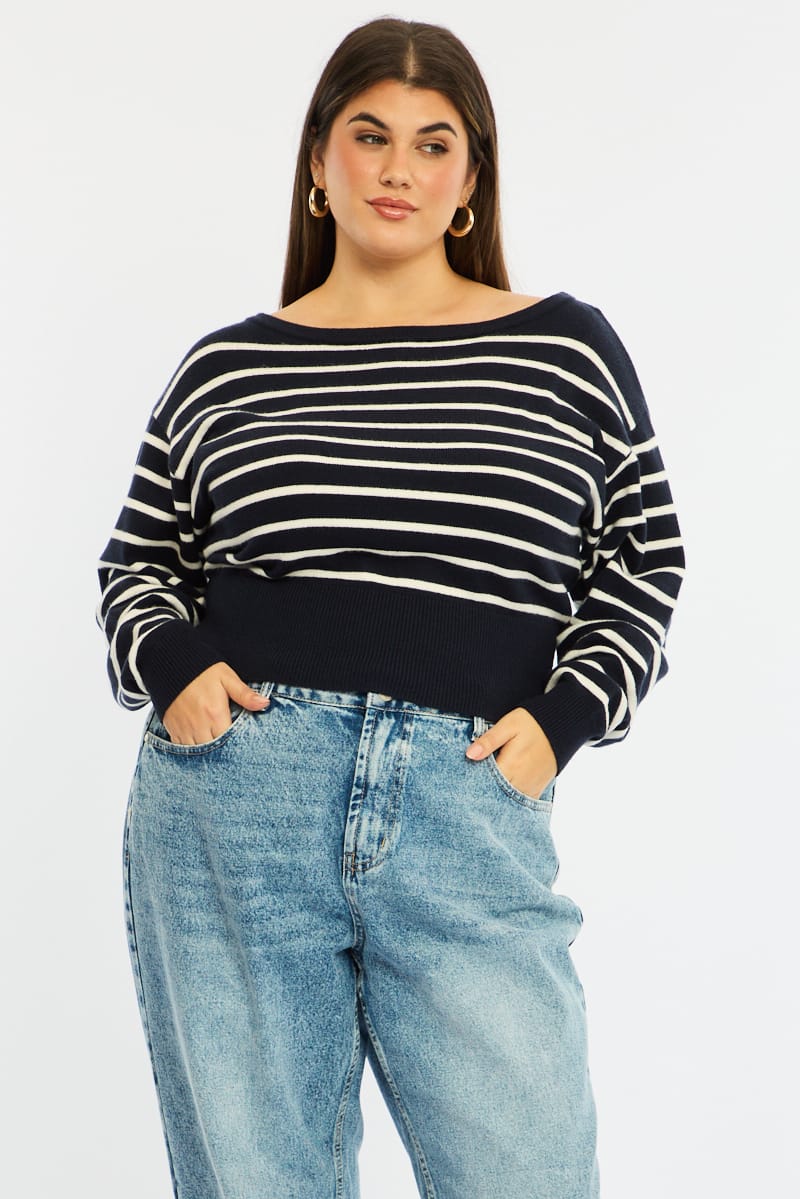 Blue Stripe Stripe Knit Top Off Shoulder Long Sleeve for YouandAll Fashion