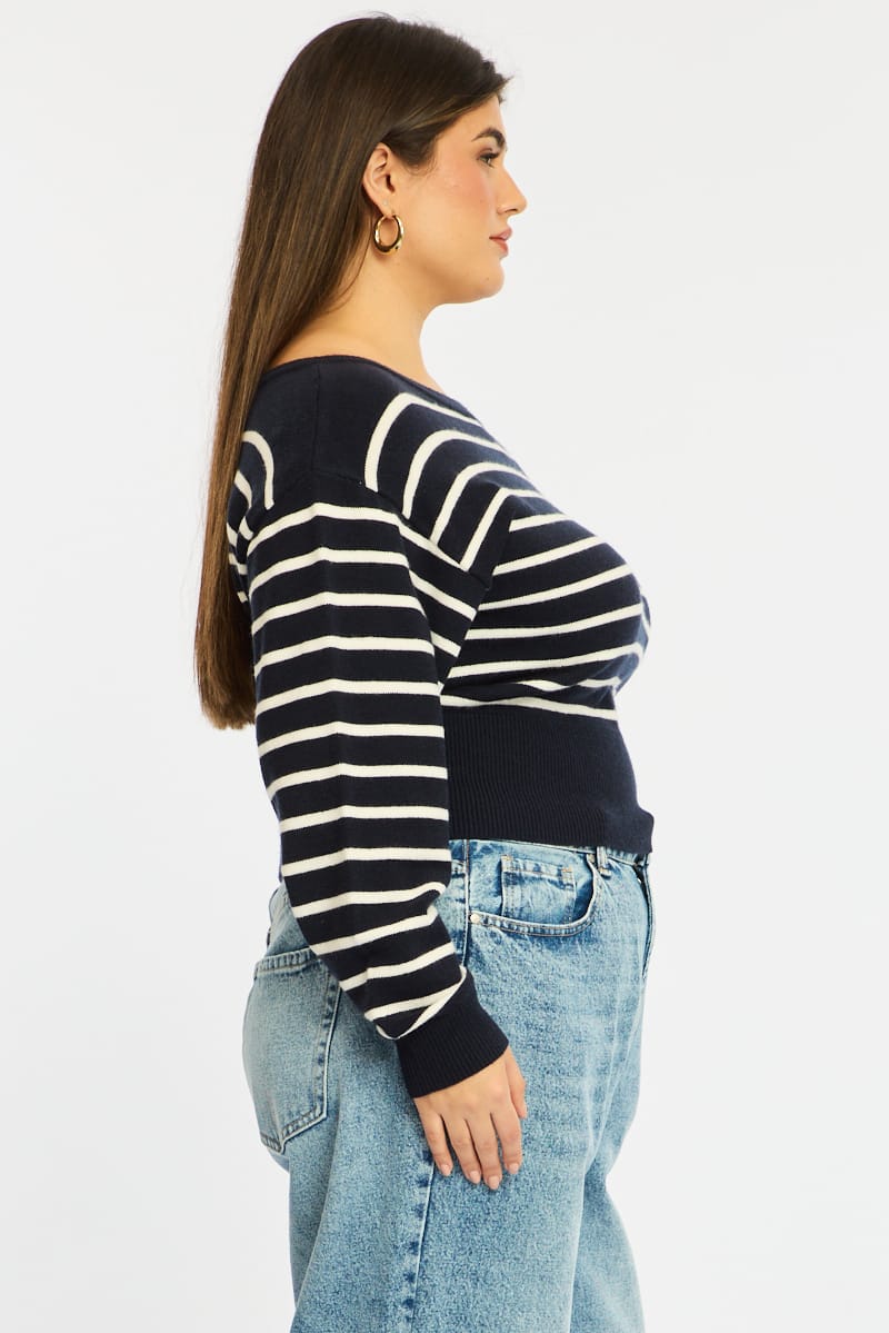 Blue Stripe Stripe Knit Top Off Shoulder Long Sleeve for YouandAll Fashion