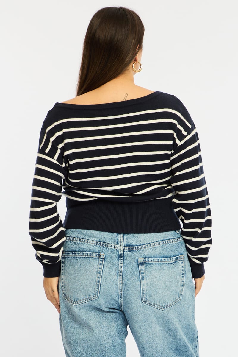 Blue Stripe Stripe Knit Top Off Shoulder Long Sleeve for YouandAll Fashion
