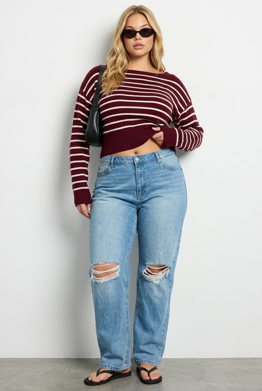 Red Stripe Stripe Knit Top Off Shoulder Long Sleeve