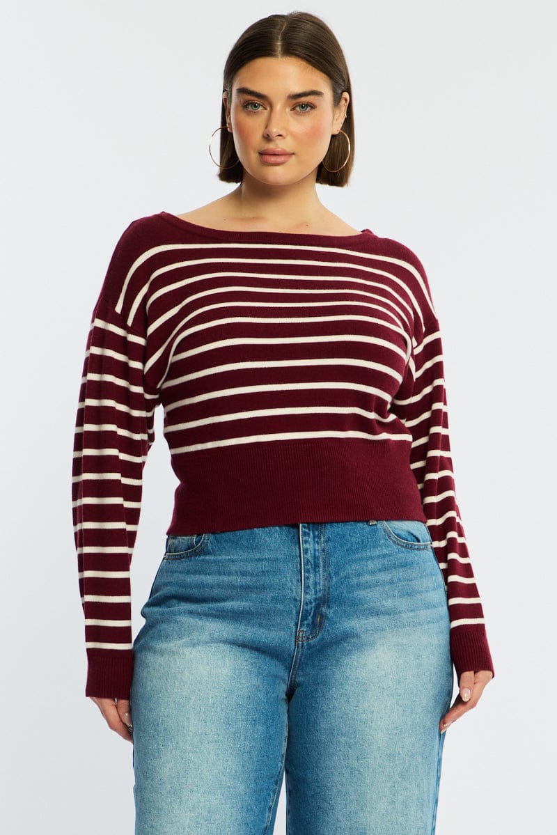 Red Stripe Stripe Knit Top Off Shoulder Long Sleeve for YouandAll Fashion