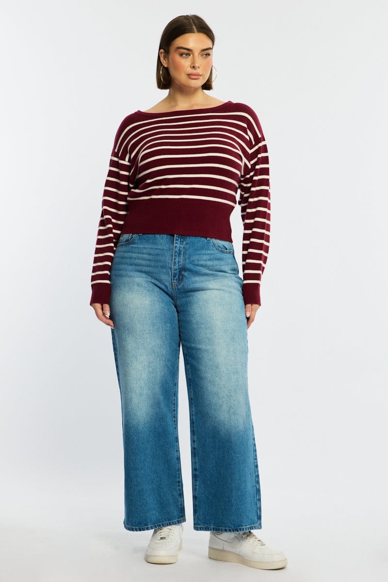 Red Stripe Stripe Knit Top Off Shoulder Long Sleeve for YouandAll Fashion