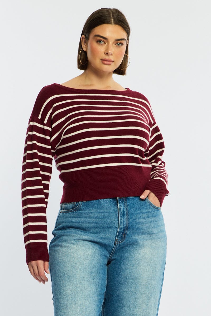 Red Stripe Stripe Knit Top Off Shoulder Long Sleeve for YouandAll Fashion