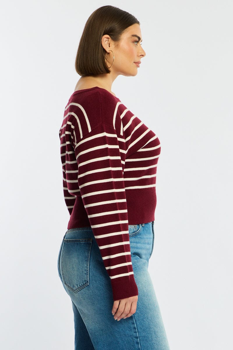Red Stripe Stripe Knit Top Off Shoulder Long Sleeve for YouandAll Fashion