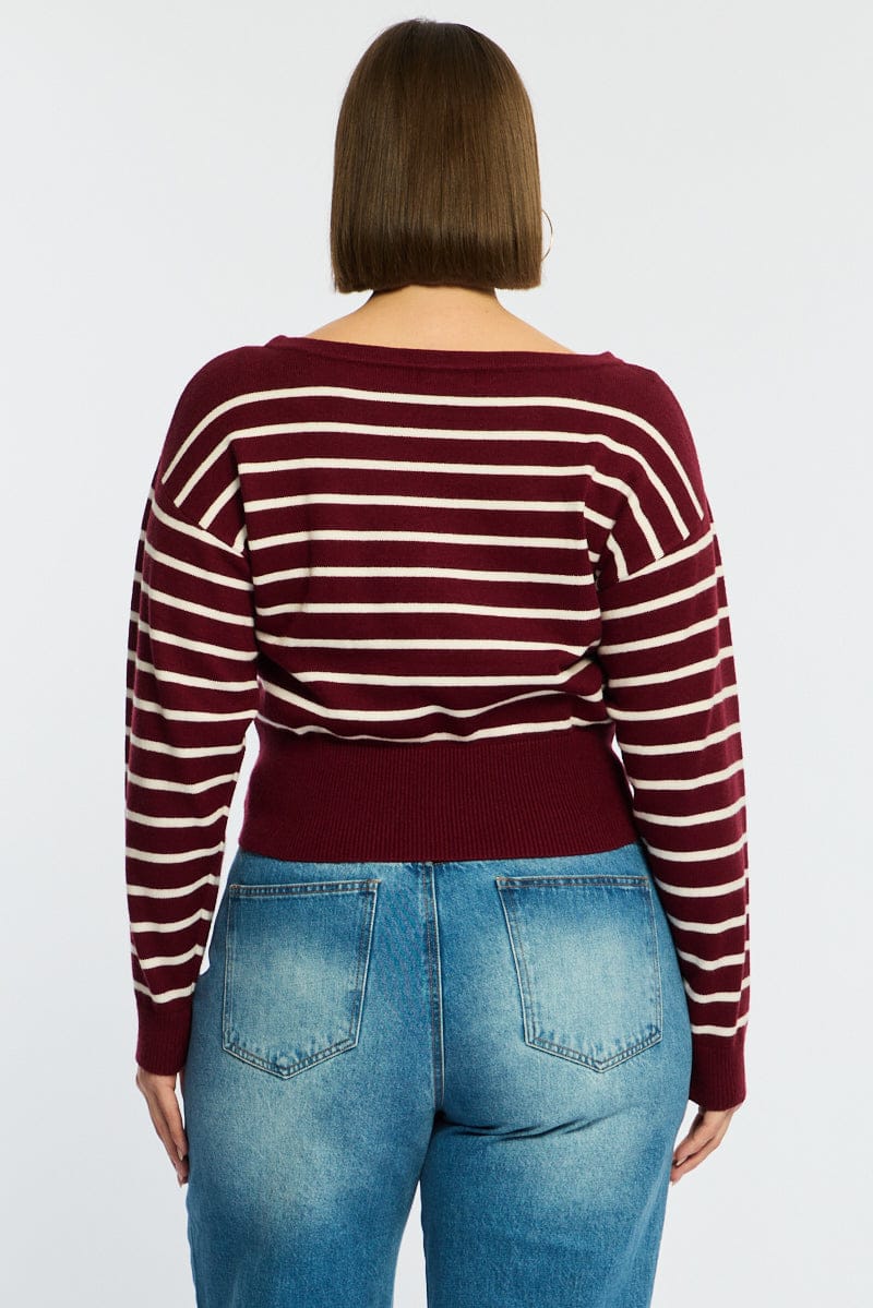 Red Stripe Stripe Knit Top Off Shoulder Long Sleeve for YouandAll Fashion