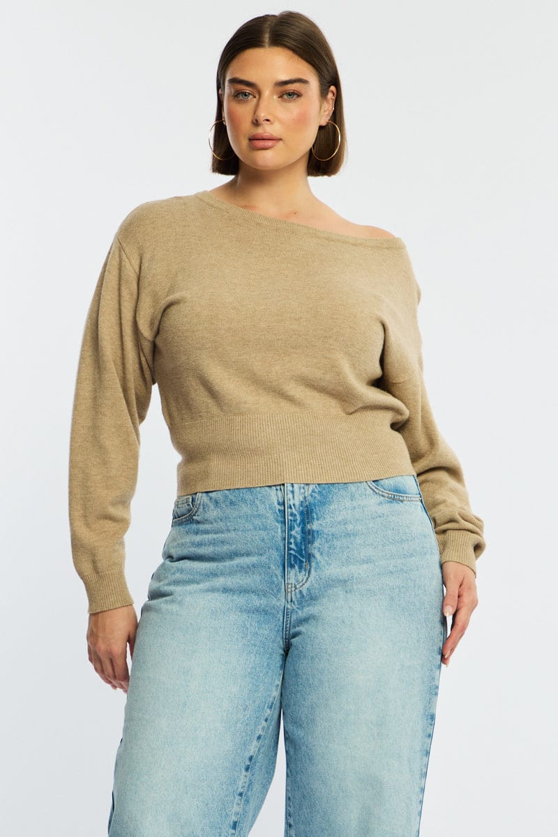 Beige Knit Top Off Shoulder Long Sleeve for YouandAll Fashion