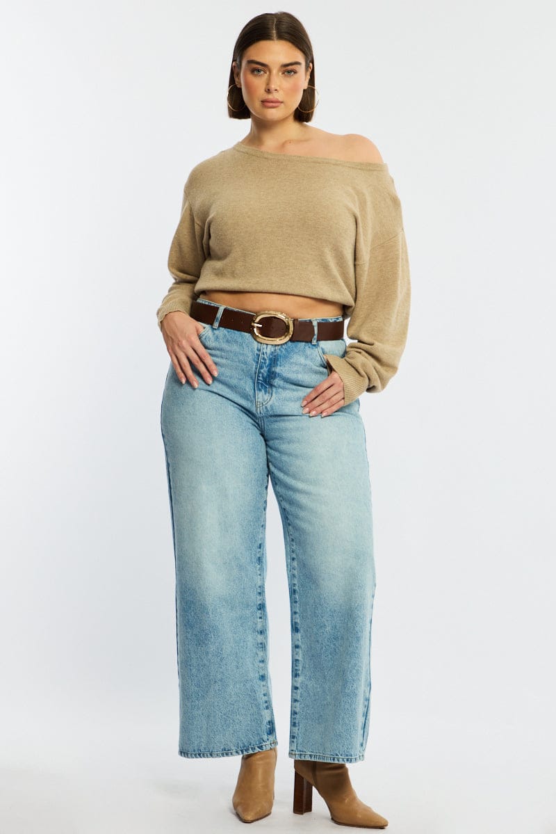 Beige Knit Top Off Shoulder Long Sleeve for YouandAll Fashion