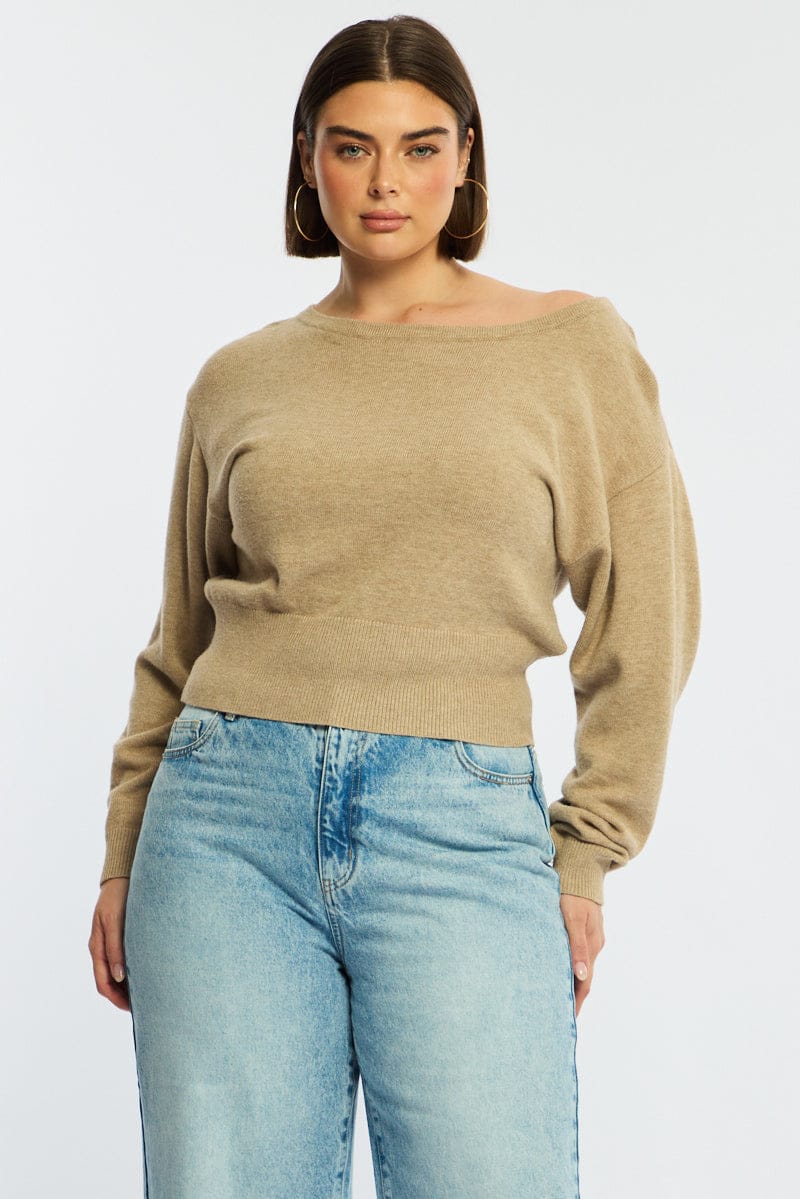 Beige Knit Top Off Shoulder Long Sleeve for YouandAll Fashion