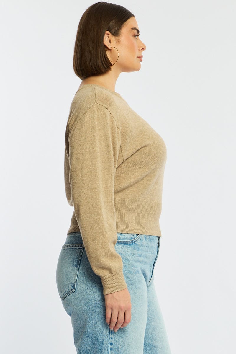 Beige Knit Top Off Shoulder Long Sleeve for YouandAll Fashion