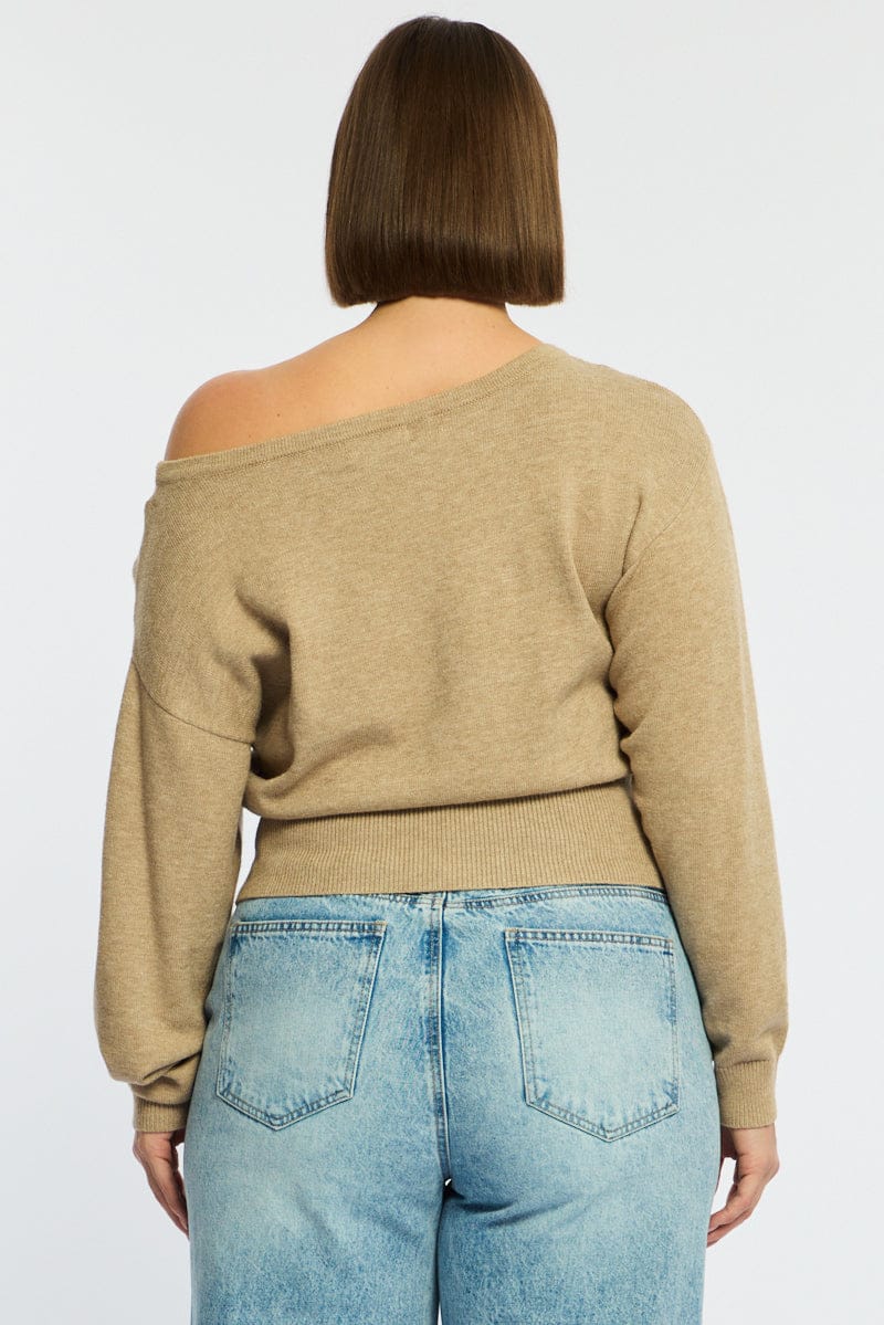 Beige Knit Top Off Shoulder Long Sleeve for YouandAll Fashion