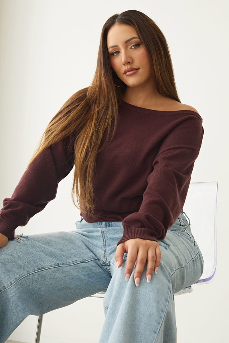 Brown Knit Top Off Shoulder Long Sleeve for YouandAll Fashion
