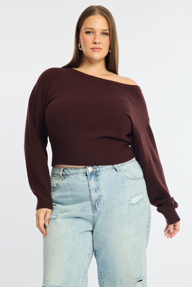 Brown Knit Top Off Shoulder Long Sleeve for YouandAll Fashion