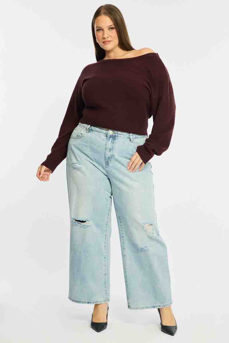 Brown Knit Top Off Shoulder Long Sleeve for YouandAll Fashion