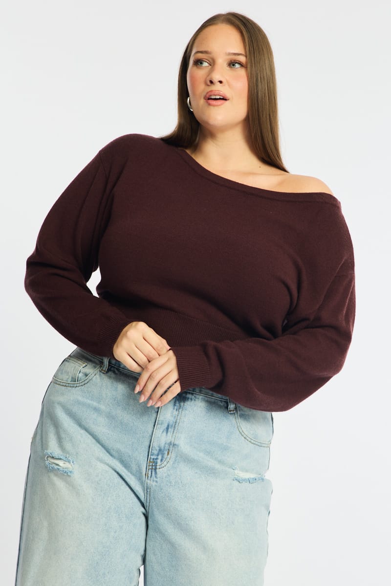 Brown Knit Top Off Shoulder Long Sleeve for YouandAll Fashion
