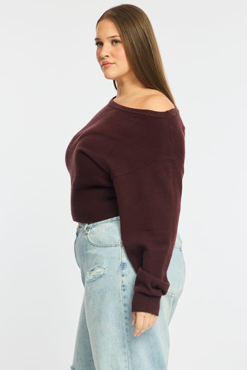 Brown Knit Top Off Shoulder Long Sleeve for YouandAll Fashion