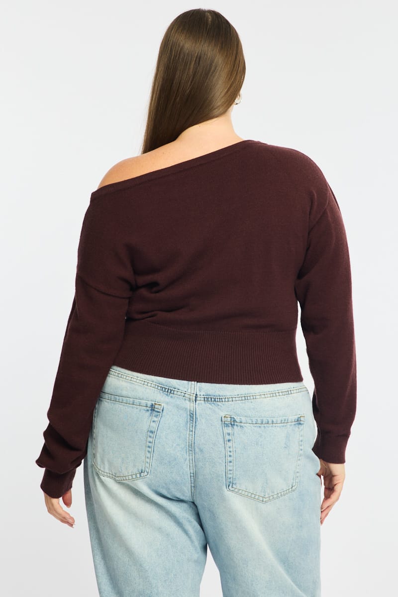 Brown Knit Top Off Shoulder Long Sleeve for YouandAll Fashion