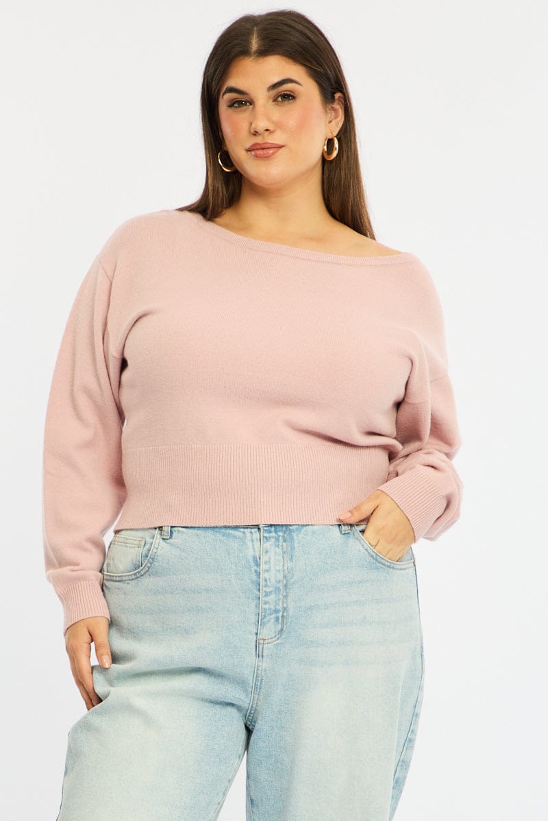 Pink Knit Top Off Shoulder Long Sleeve for YouandAll Fashion