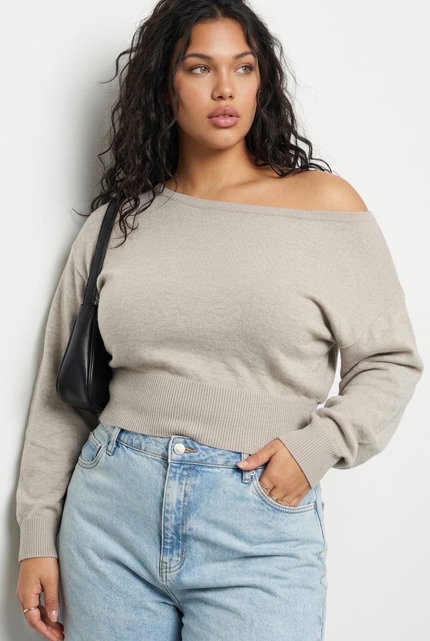 Grey Knit Top Off Shoulder Long Sleeve