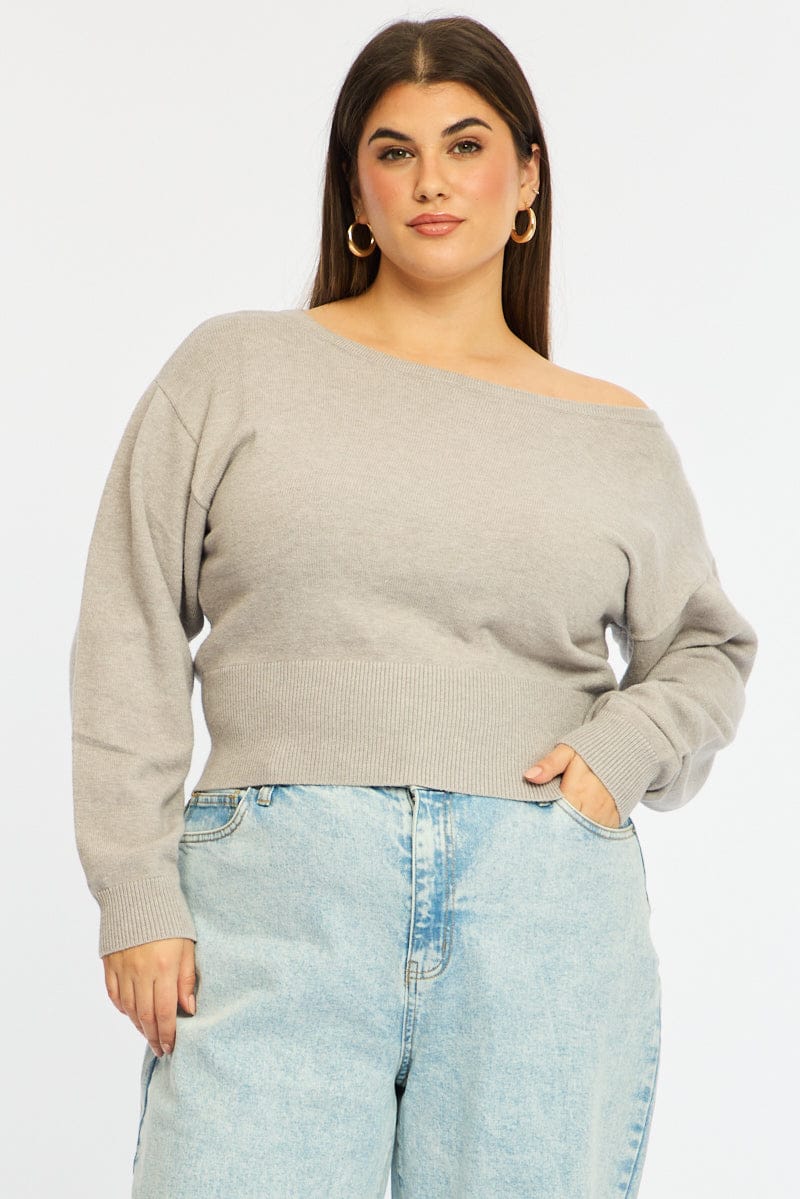Grey Knit Top Off Shoulder Long Sleeve for YouandAll Fashion
