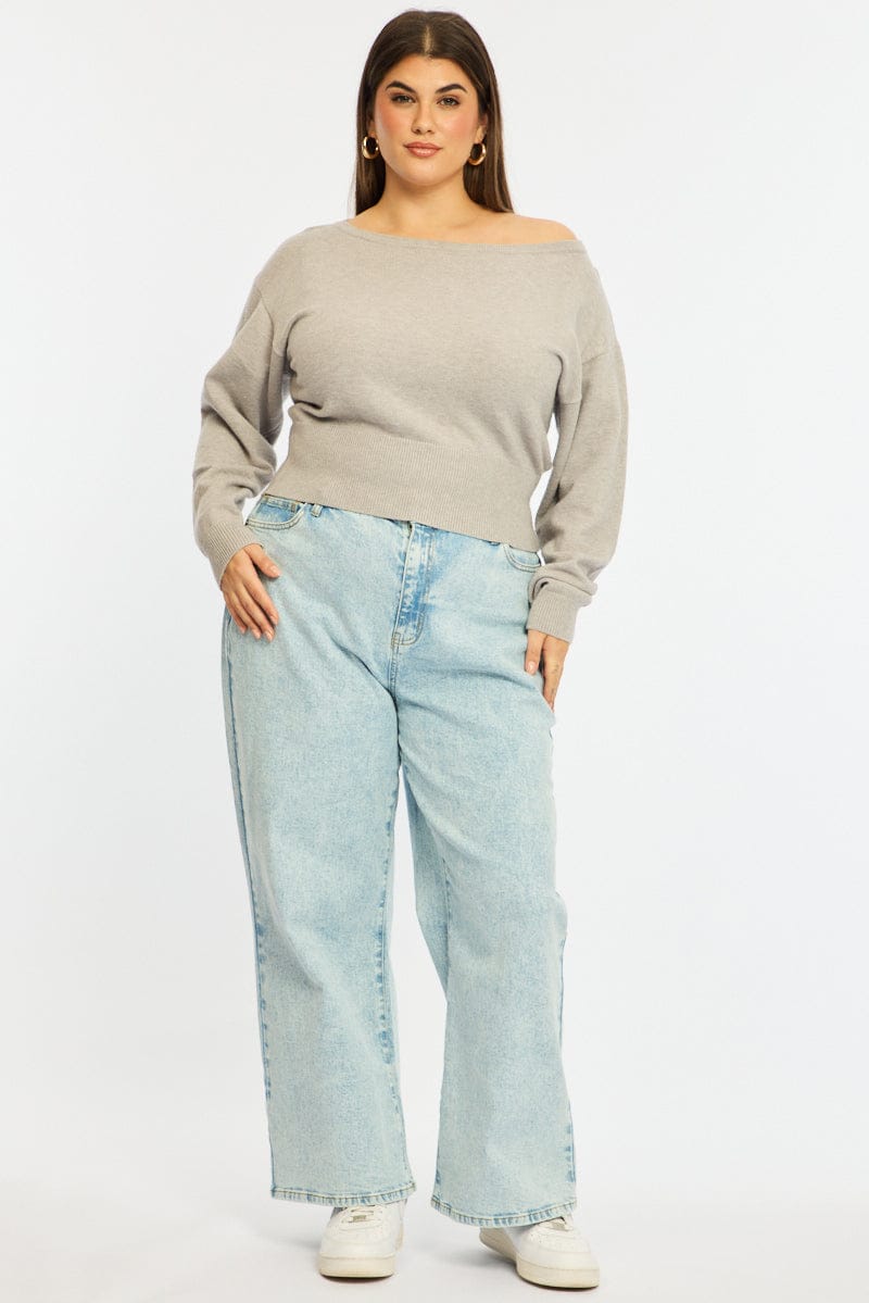 Grey Knit Top Off Shoulder Long Sleeve for YouandAll Fashion
