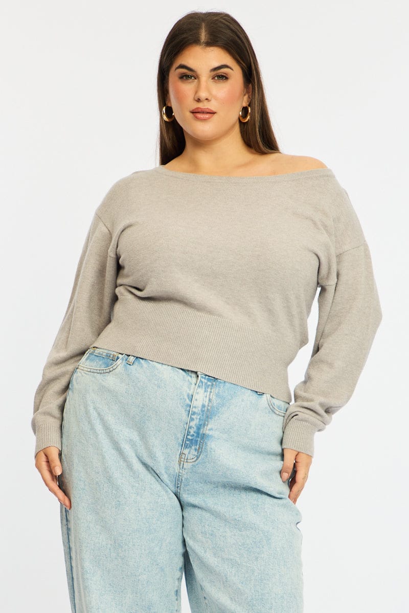 Grey Knit Top Off Shoulder Long Sleeve for YouandAll Fashion