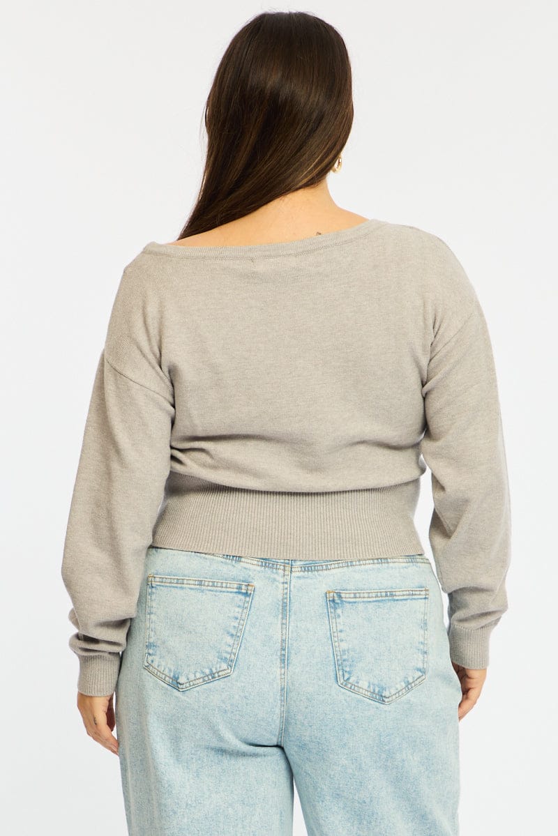 Grey Knit Top Off Shoulder Long Sleeve for YouandAll Fashion