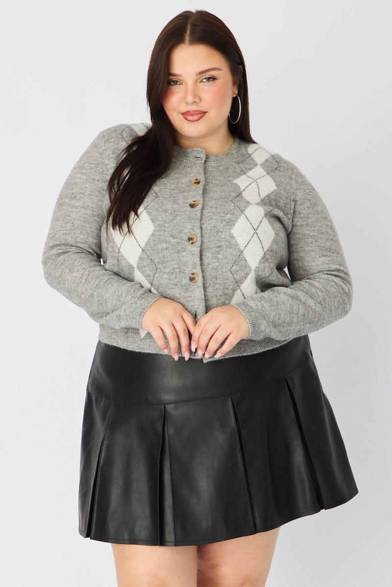 Grey Check Knit Cardigan Long Sleeve Argyle for YouandAll Fashion