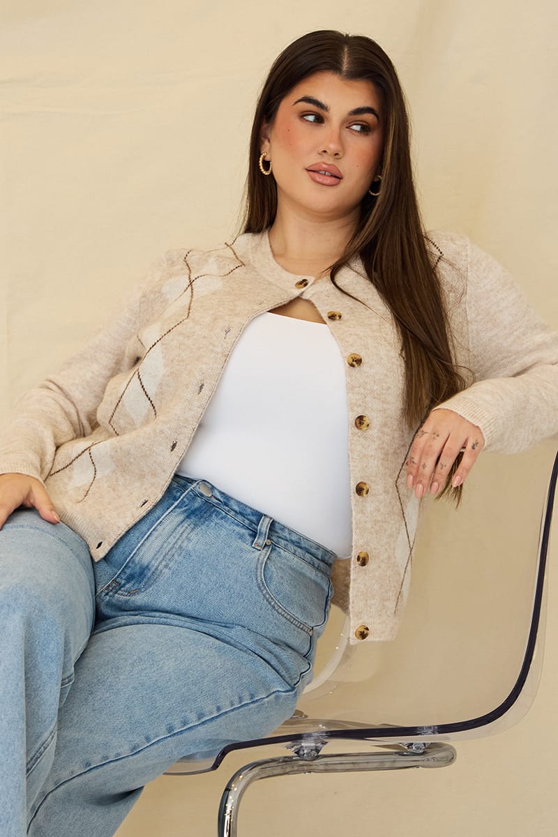 Beige Check Knit Cardigan Long Sleeve Argyle for YouandAll Fashion
