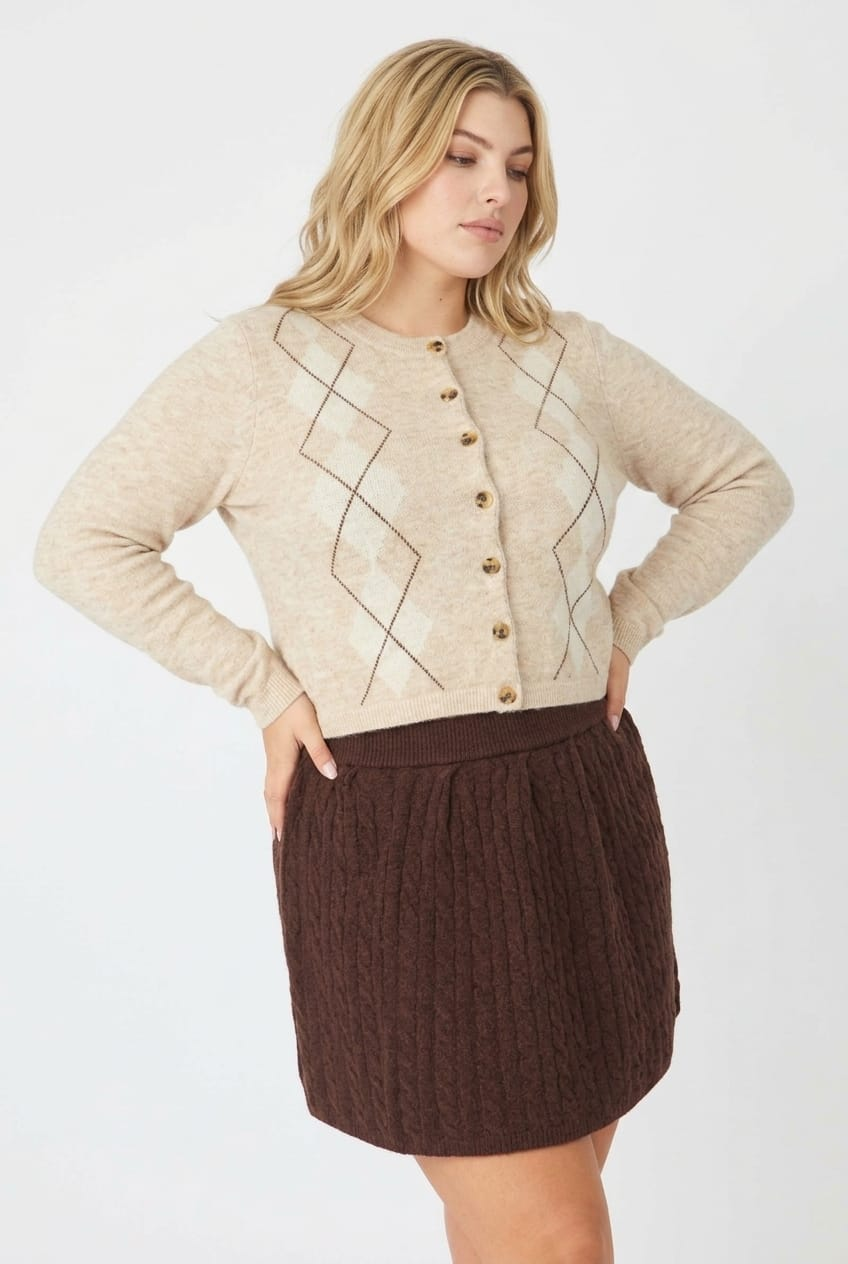 Beige Check Knit Cardigan Long Sleeve Argyle for YouandAll Fashion