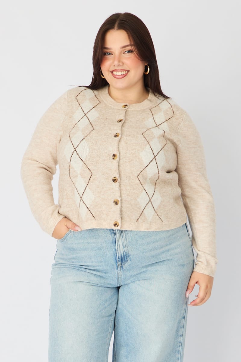 Beige Check Knit Cardigan Long Sleeve Argyle for YouandAll Fashion