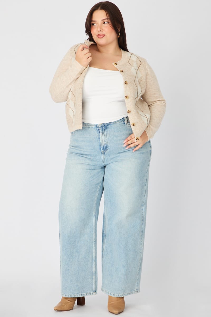 Beige Check Knit Cardigan Long Sleeve Argyle for YouandAll Fashion