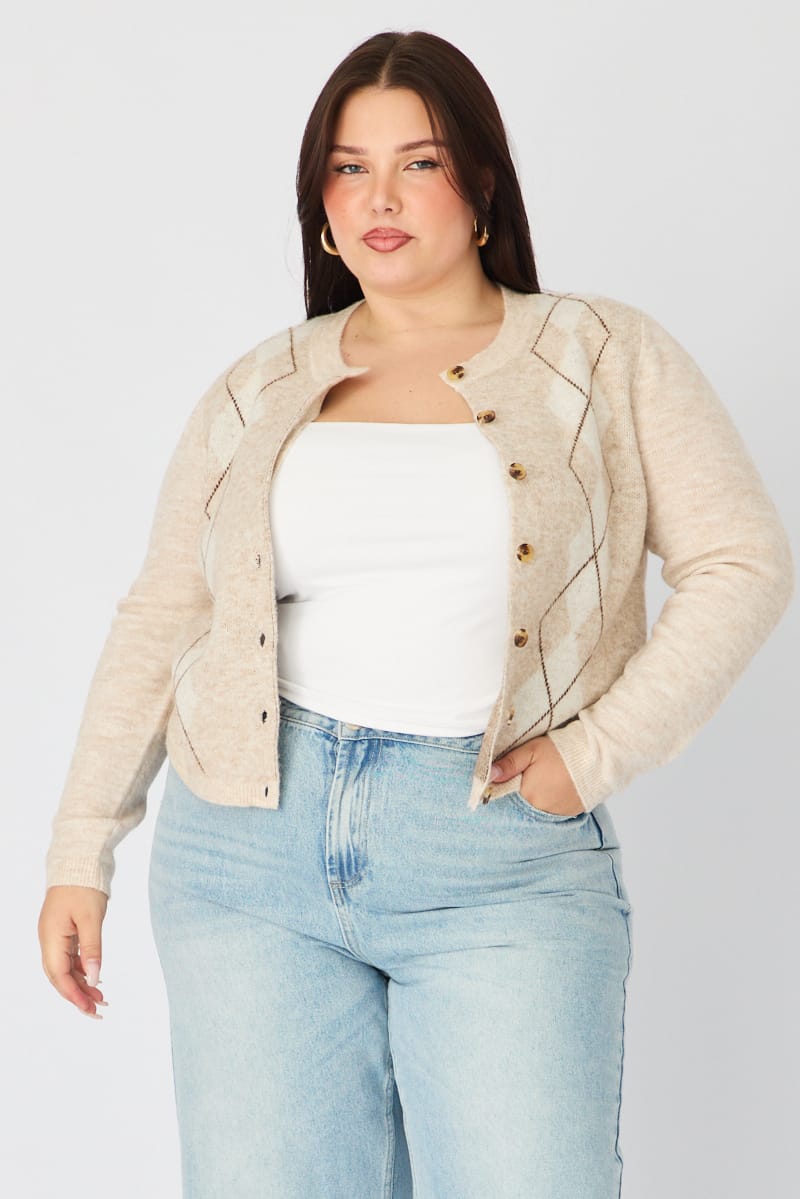 Beige Check Knit Cardigan Long Sleeve Argyle for YouandAll Fashion