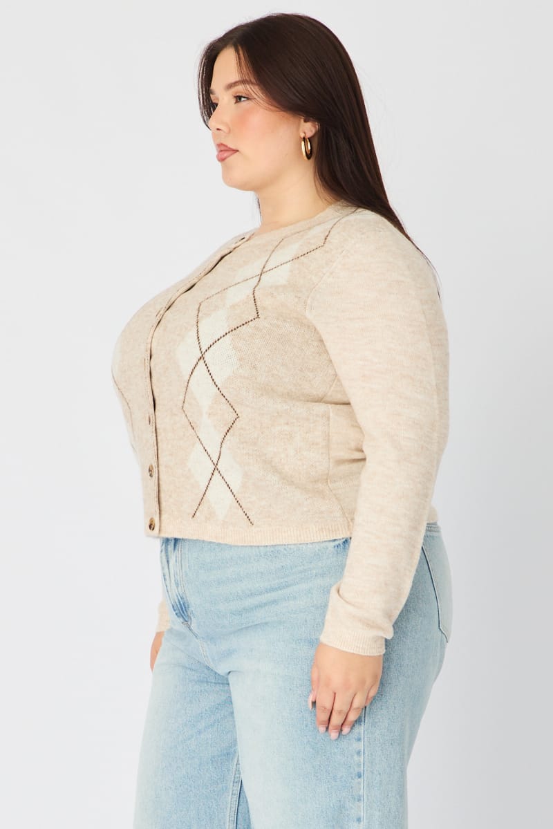 Beige Check Knit Cardigan Long Sleeve Argyle for YouandAll Fashion