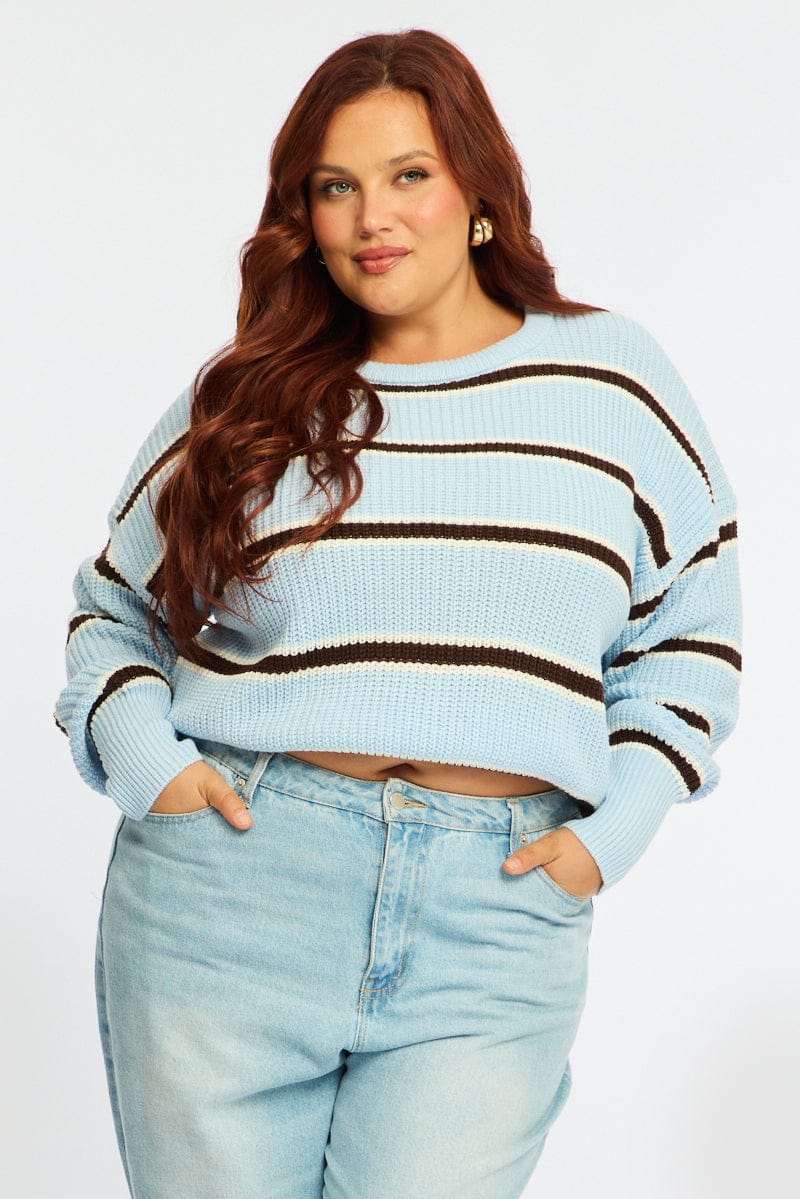 Blue Stripe Knit Top Long Sleeve Color Block for YouandAll Fashion