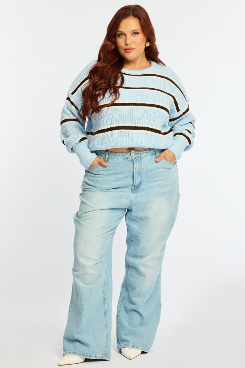 Blue Stripe Knit Top Long Sleeve Color Block for YouandAll Fashion