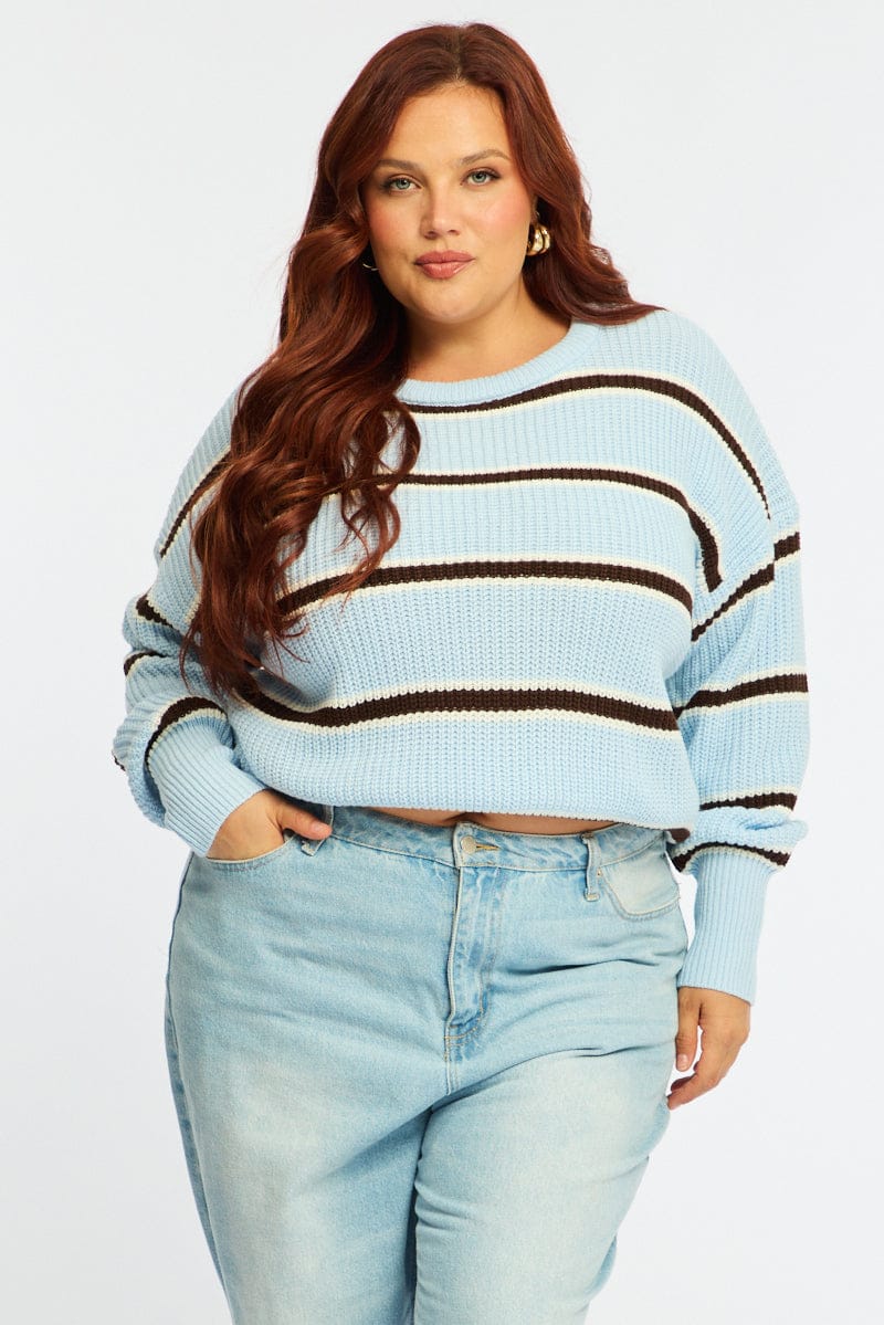 Blue Stripe Knit Top Long Sleeve Color Block for YouandAll Fashion
