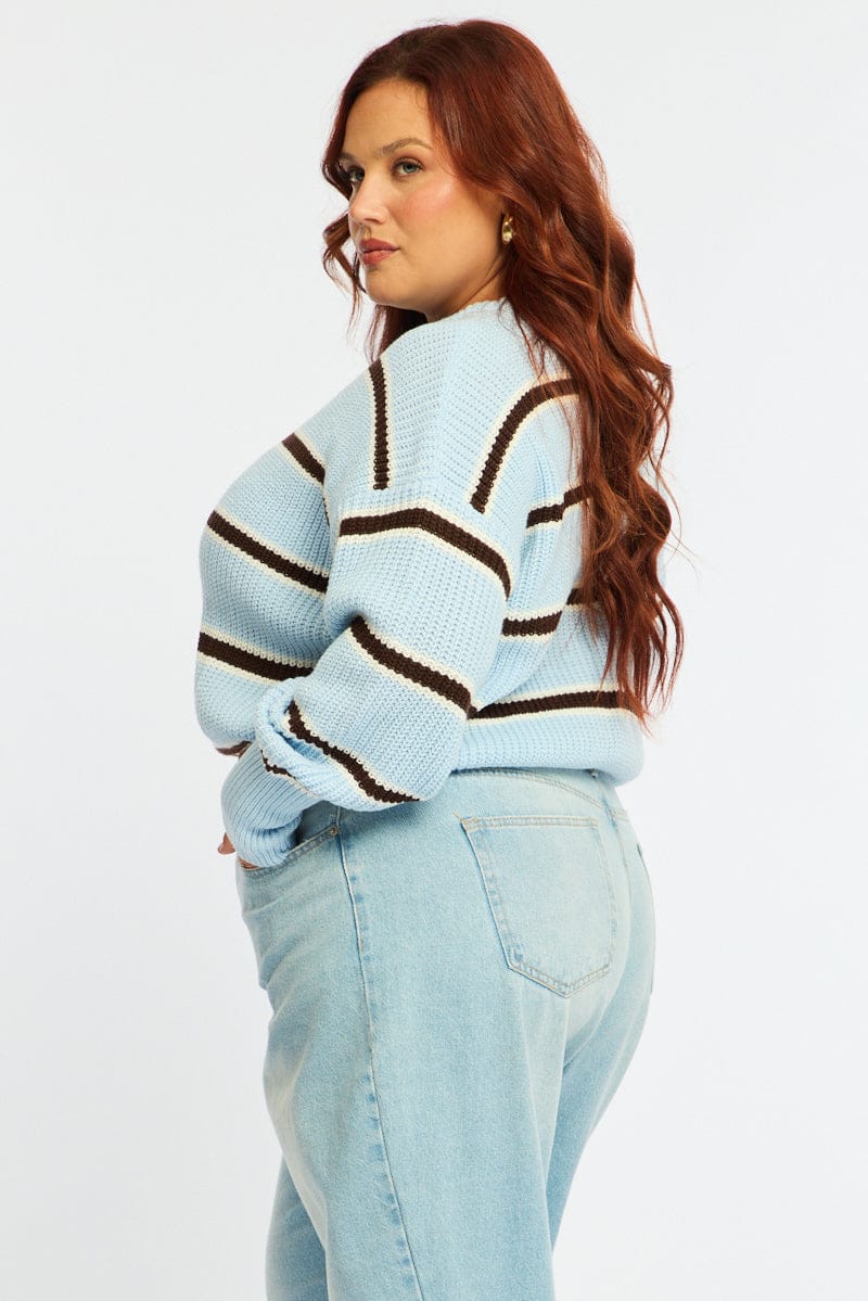 Blue Stripe Knit Top Long Sleeve Color Block for YouandAll Fashion