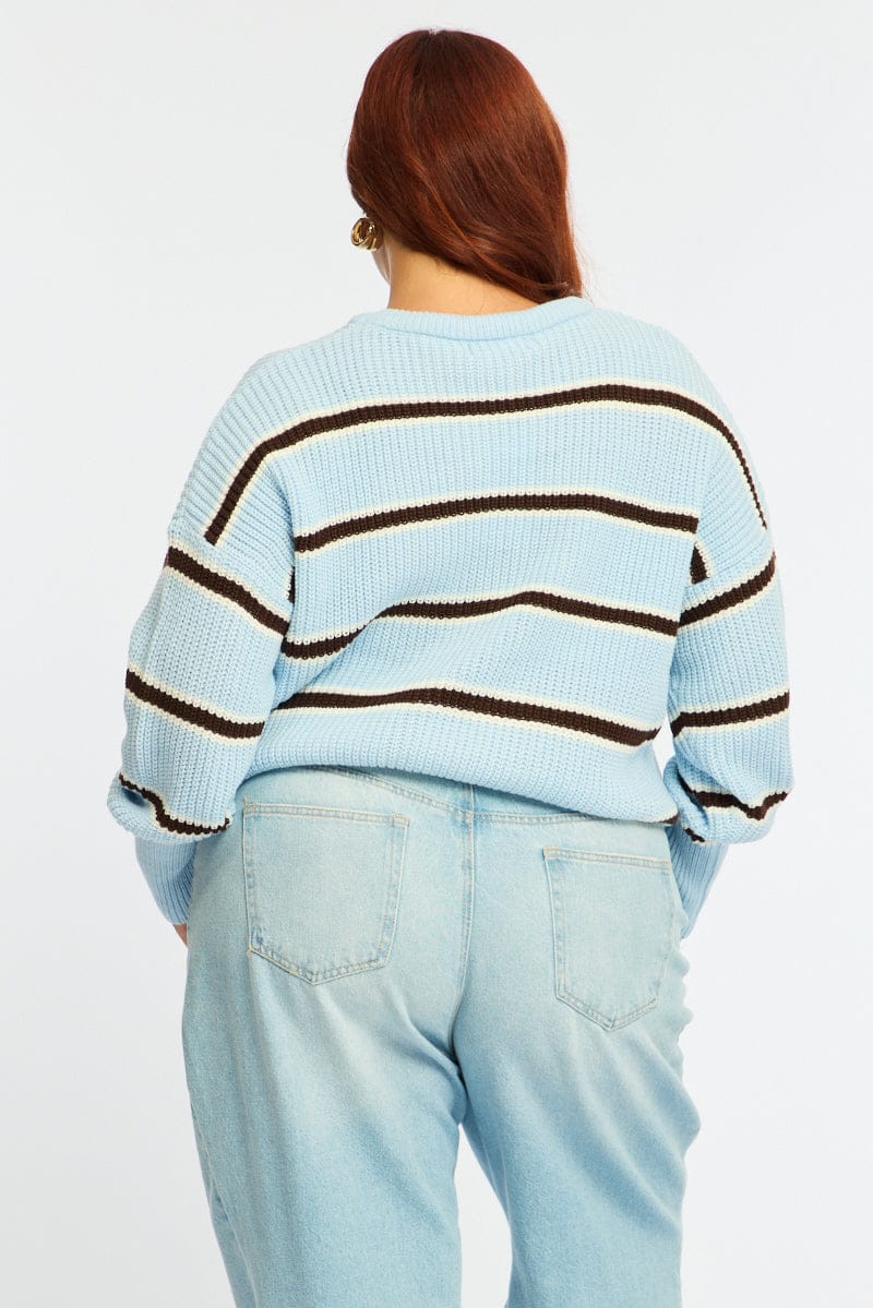 Blue Stripe Knit Top Long Sleeve Color Block for YouandAll Fashion