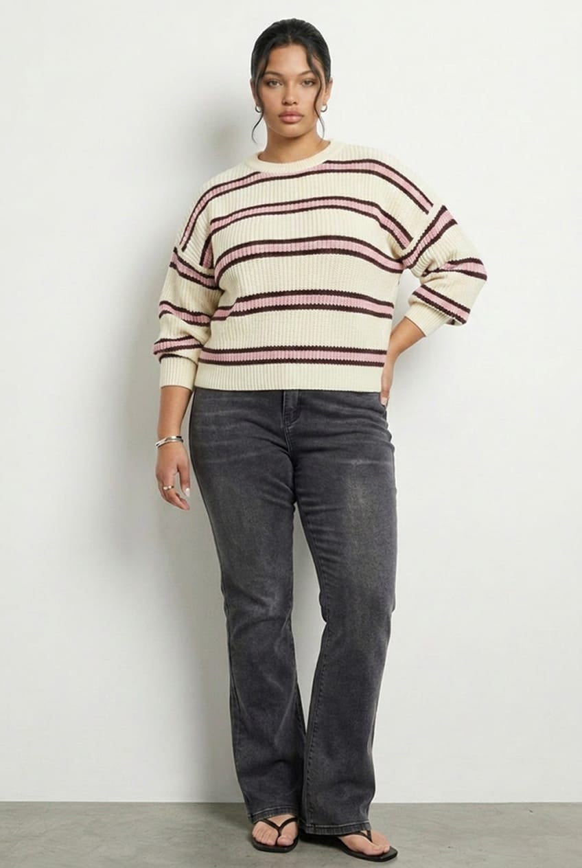 Pink Stripe Knit Top Long Sleeve Color Block