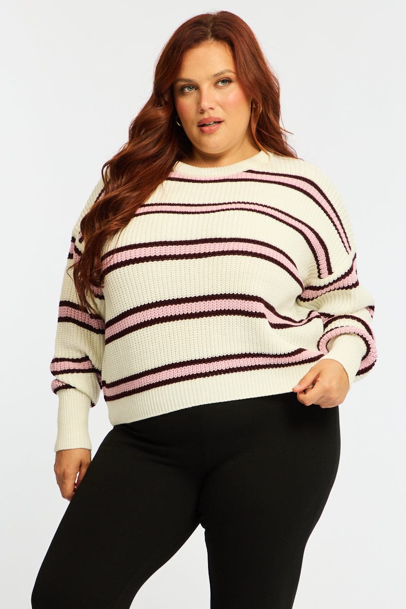 Pink Stripe Knit Top Long Sleeve Color Block for YouandAll Fashion