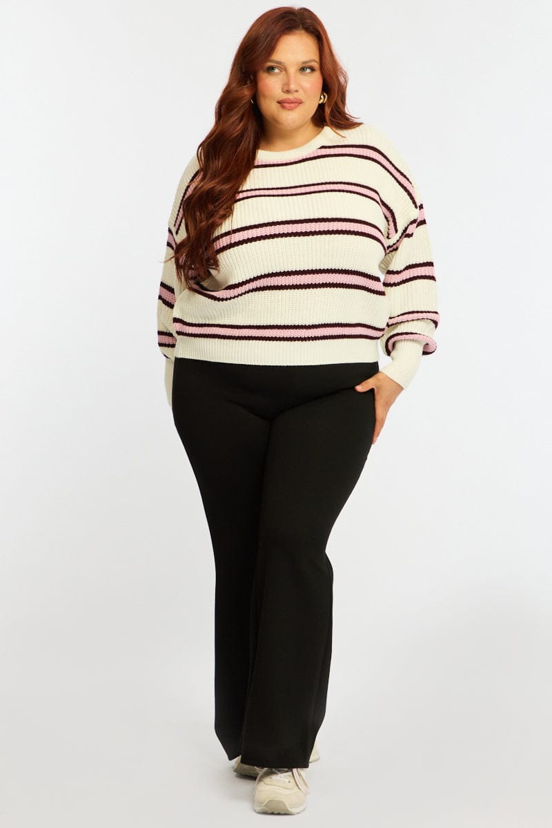 Pink Stripe Knit Top Long Sleeve Color Block for YouandAll Fashion