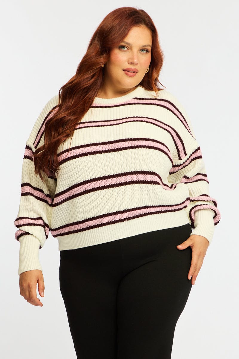 Pink Stripe Knit Top Long Sleeve Color Block for YouandAll Fashion