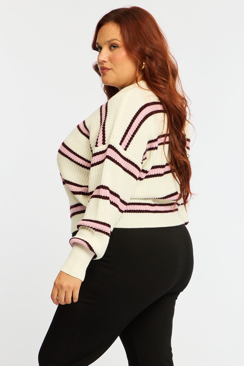 Pink Stripe Knit Top Long Sleeve Color Block for YouandAll Fashion