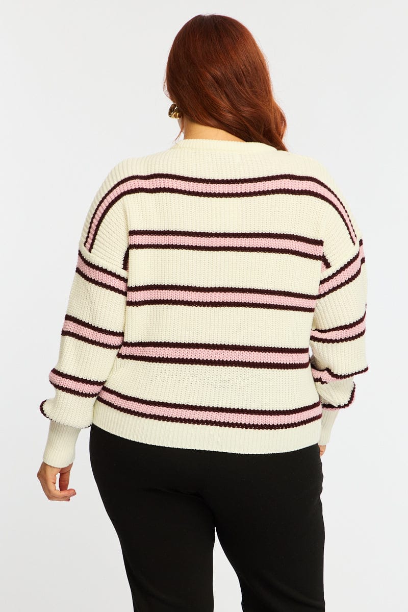 Pink Stripe Knit Top Long Sleeve Color Block for YouandAll Fashion