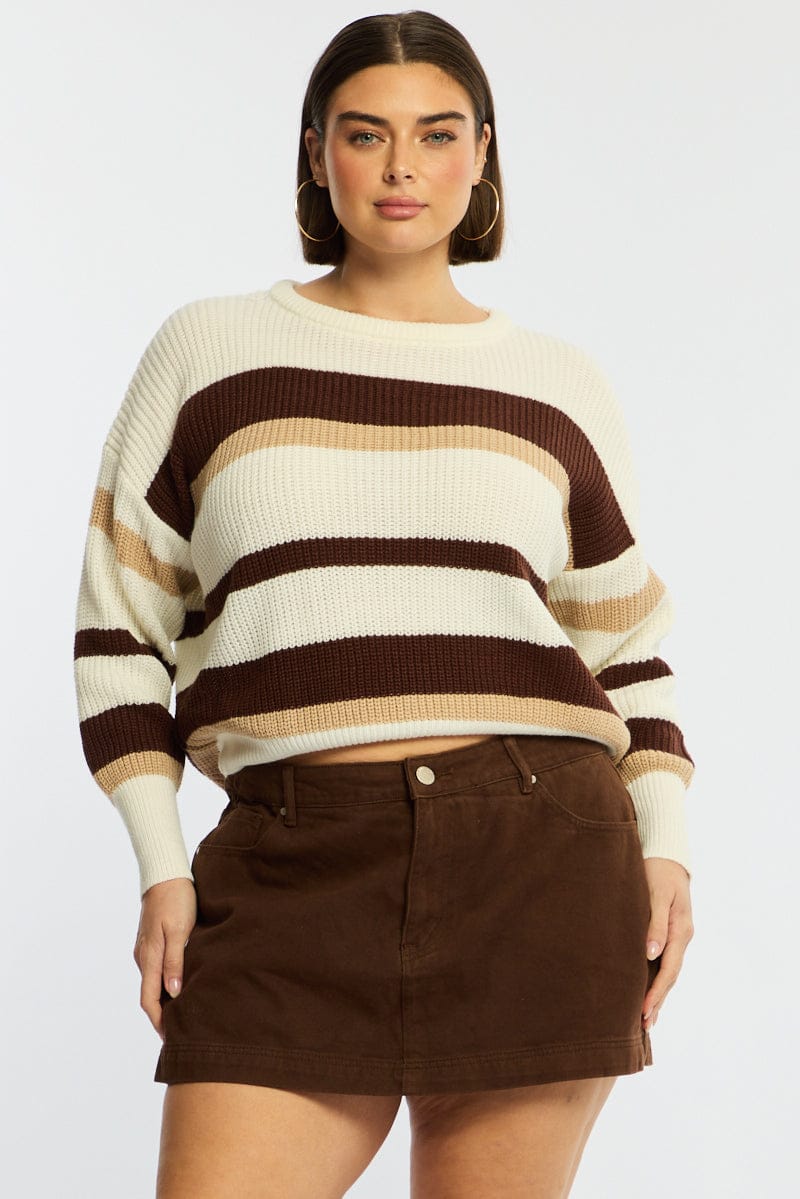 Beige Stripe Knit Top Long Sleeve Color Block for YouandAll Fashion