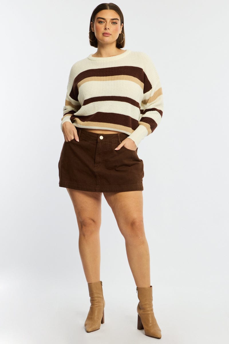 Beige Stripe Knit Top Long Sleeve Color Block for YouandAll Fashion