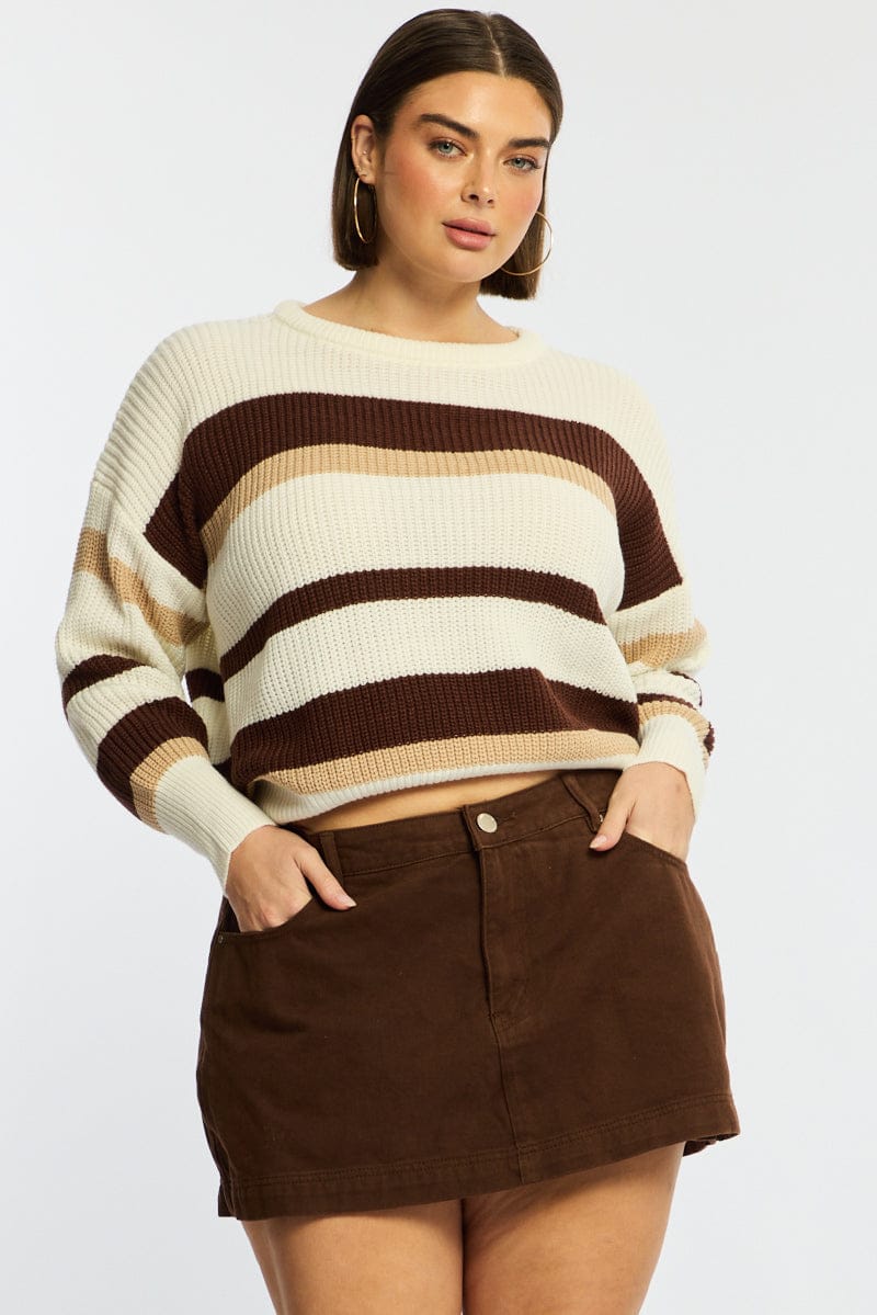 Beige Stripe Knit Top Long Sleeve Color Block for YouandAll Fashion