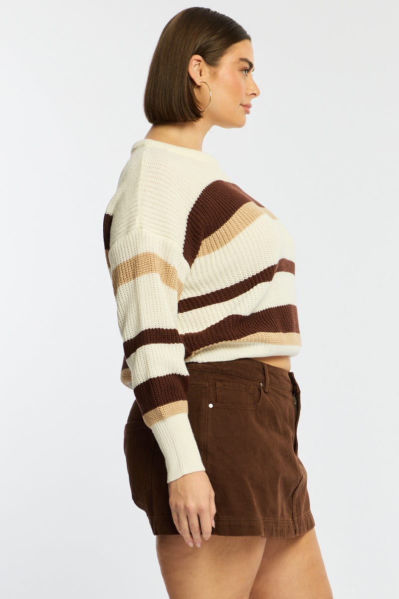 Beige Stripe Knit Top Long Sleeve Color Block for YouandAll Fashion