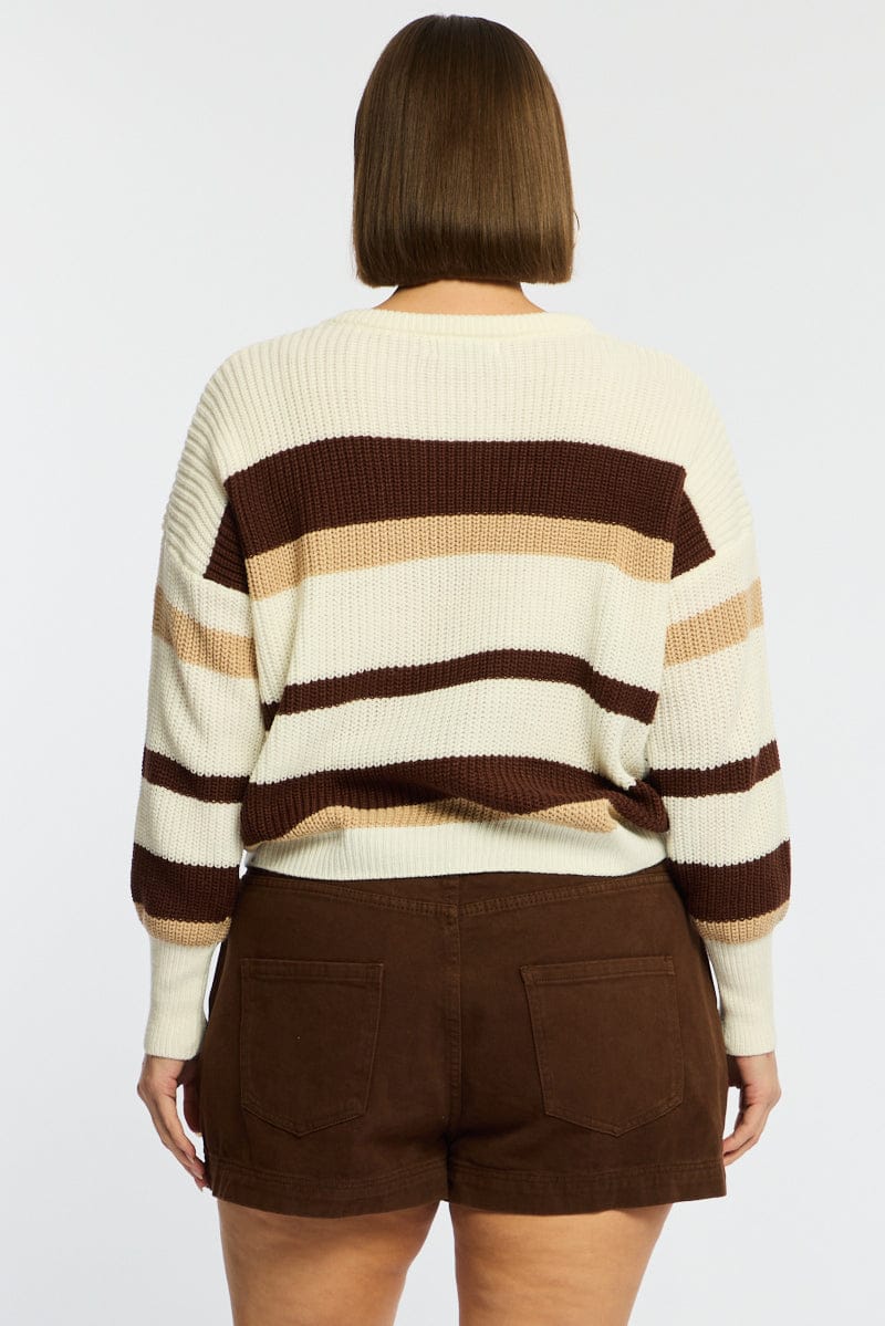 Beige Stripe Knit Top Long Sleeve Color Block for YouandAll Fashion