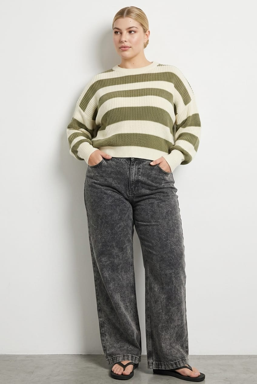 Green Stripe Knit Top Long Sleeve Color Block for YouandAll Fashion